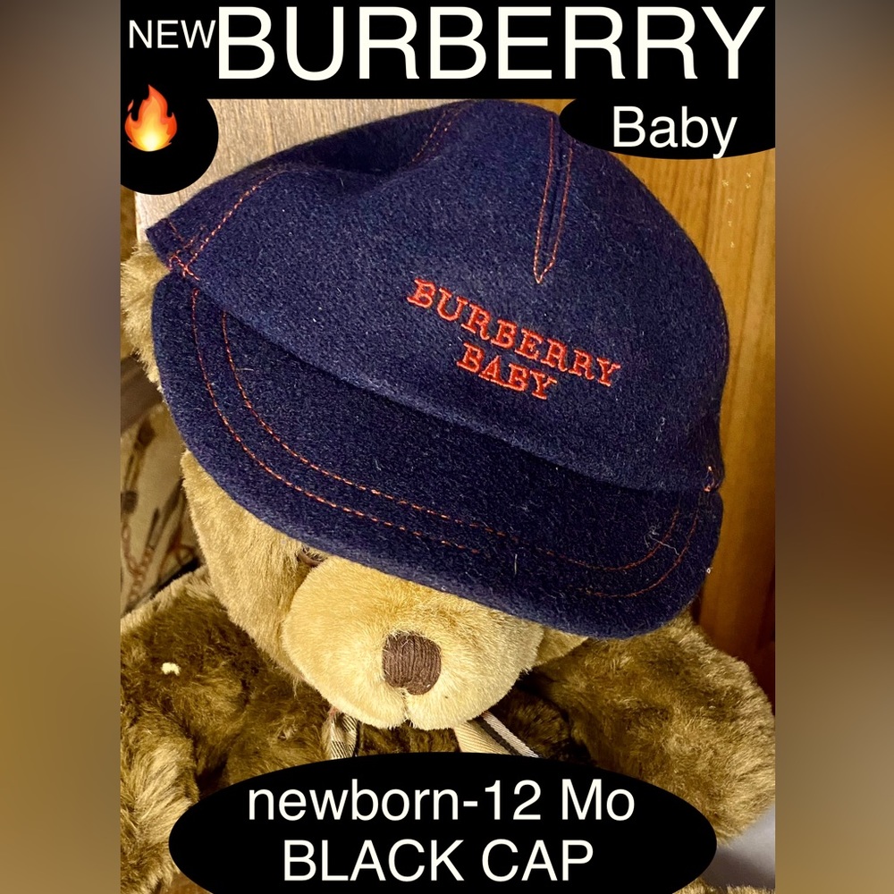 🔥NEW BURBERRY Baby Black/RED  Felted LOGO Cap👶Infant-12mo/44cm, 17”🔥